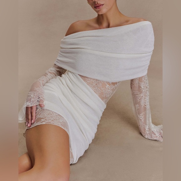 Meshki Dresses & Skirts - MESHKI - white lace off shoulder cutout side asymmetrical mini dress